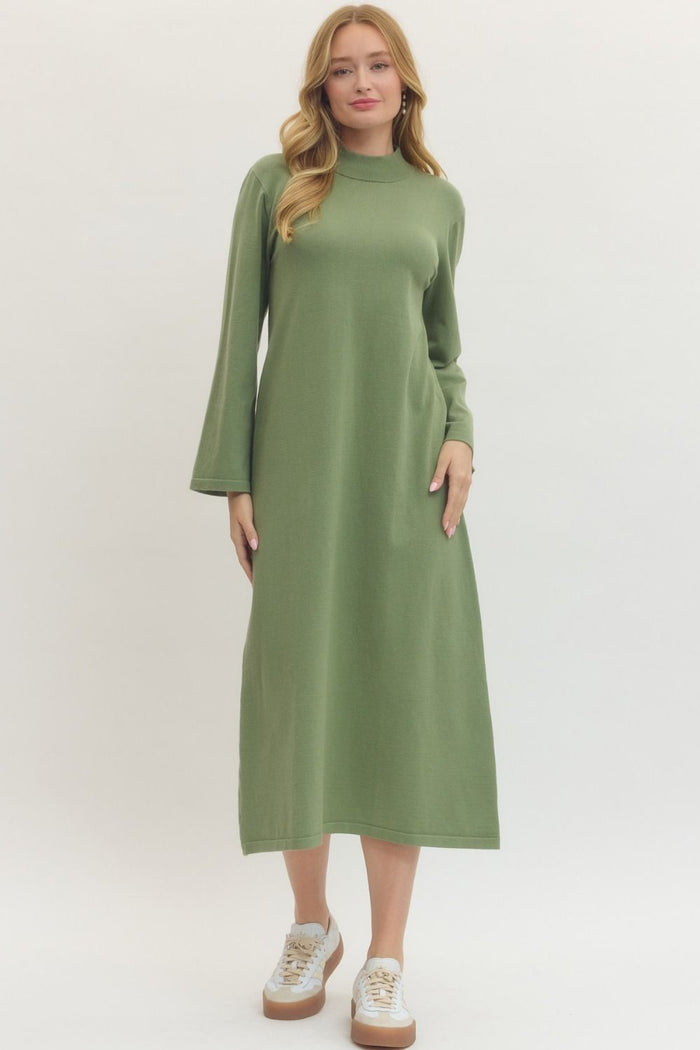 Solid mock neck long sleeve midi dress