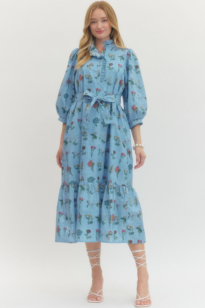 Floral print ruffled 3/4 puff sleeve midi dress
