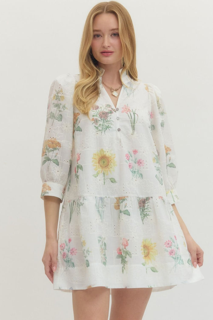 Floral print 3/4 sleeve mini dress featuring eyelet embroidery