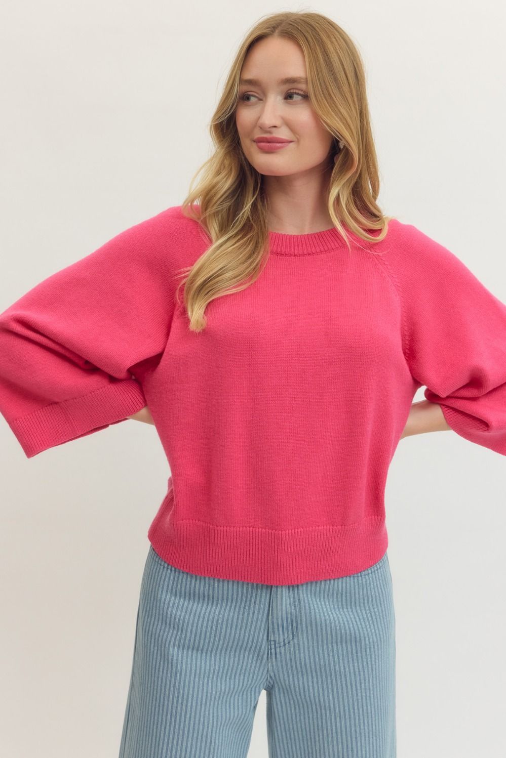 Solid raglan 3/4 sleeve sweater knit top