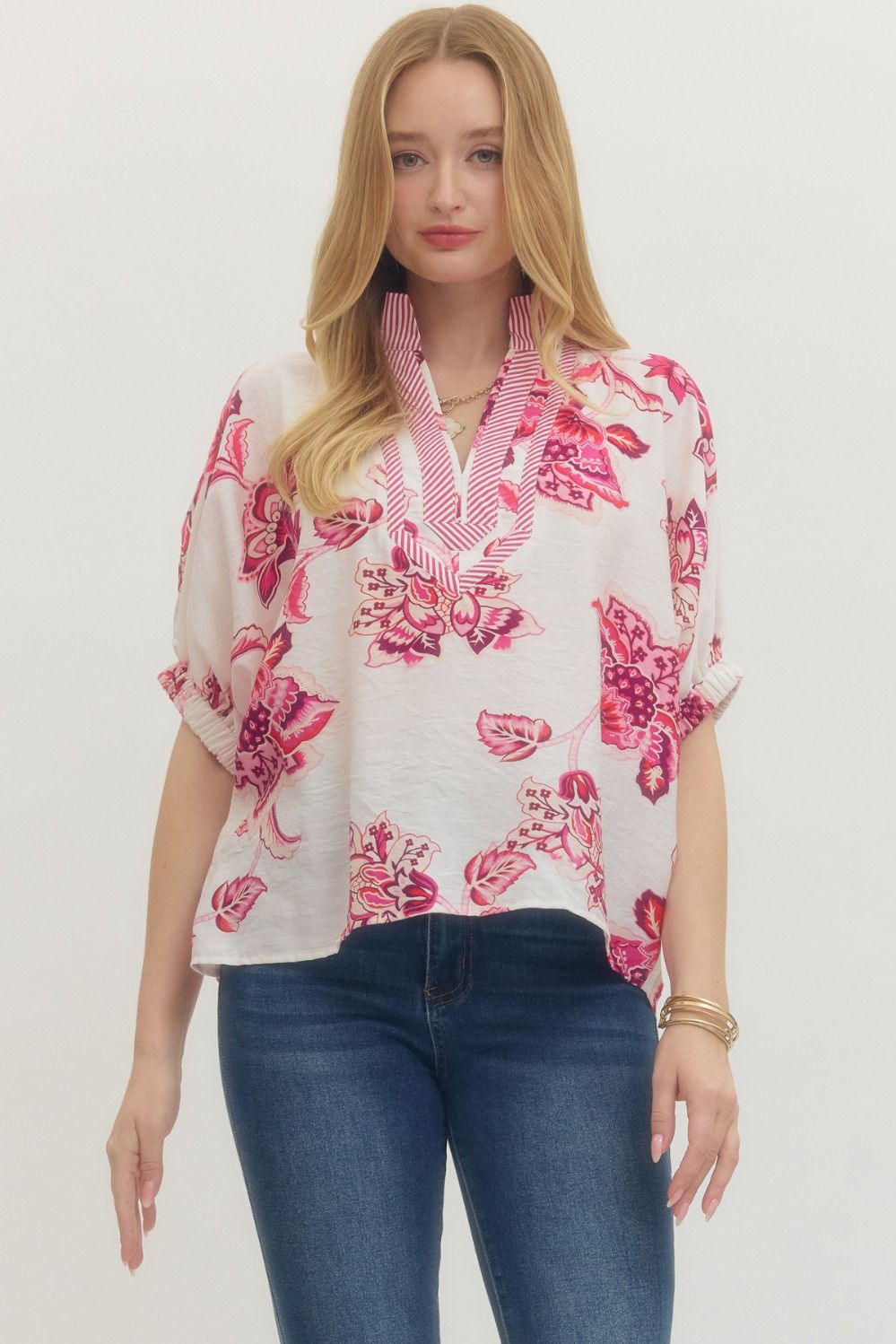 Floral print short dolman sleeve woven top