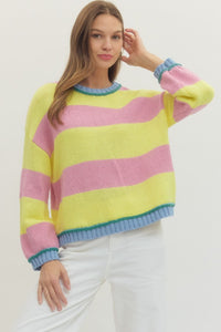 Multicolor long sleeve knit top featuring bold stripe pattern