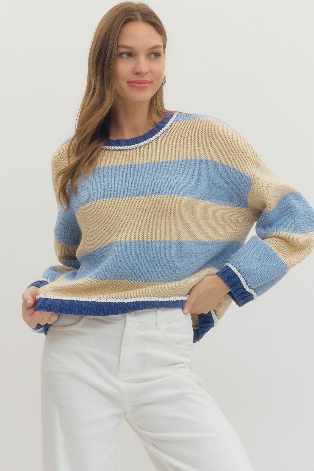 Multicolor long sleeve knit top featuring bold stripe pattern