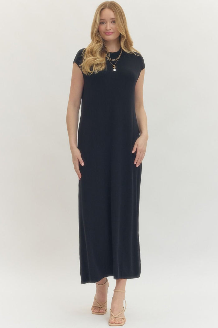 Solid cap sleeve long dress featuring extended shoulder design
