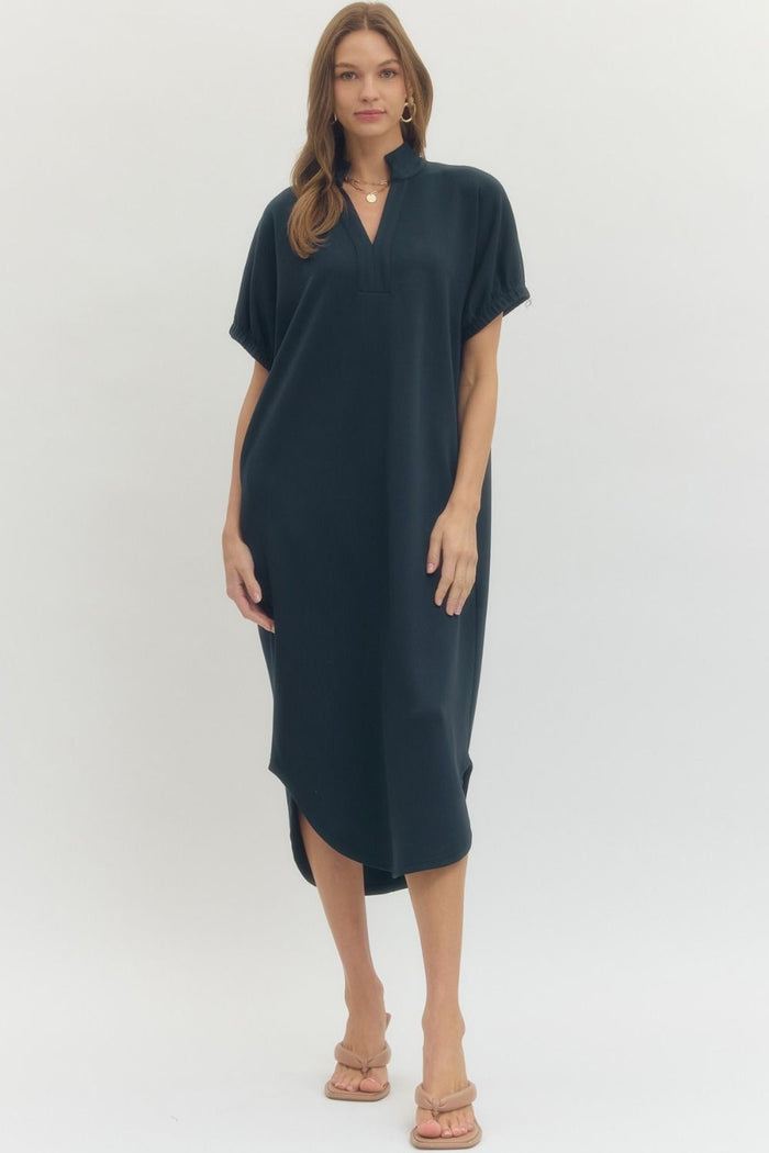 Solid short sleeve midi dress featuring band collar V-neck