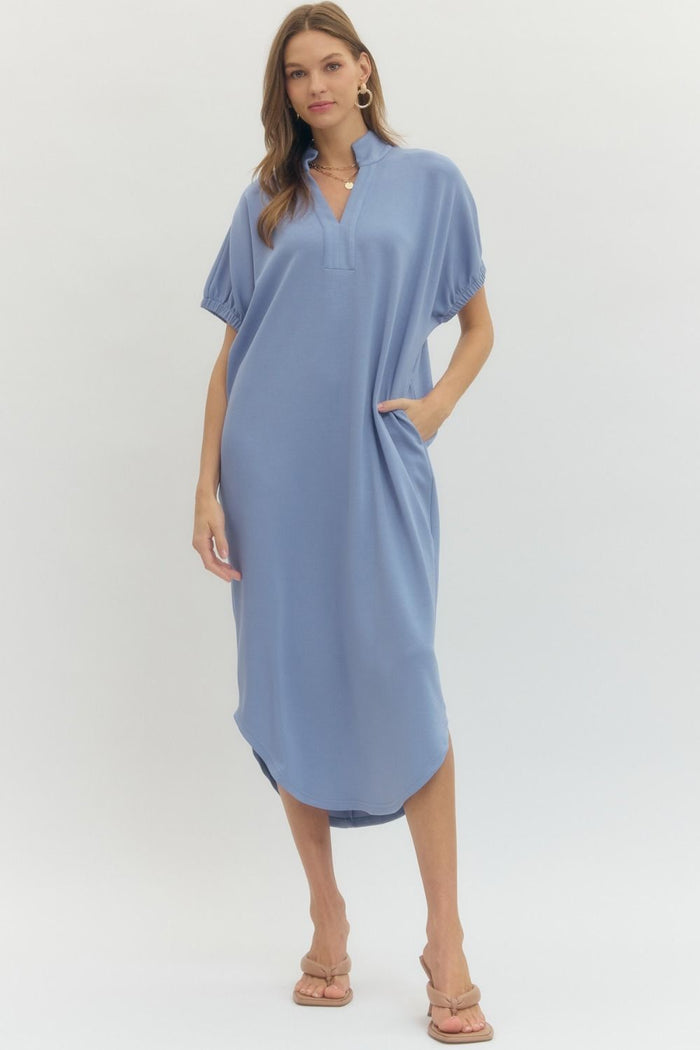 Solid short sleeve midi dress featuring band collar V-neck