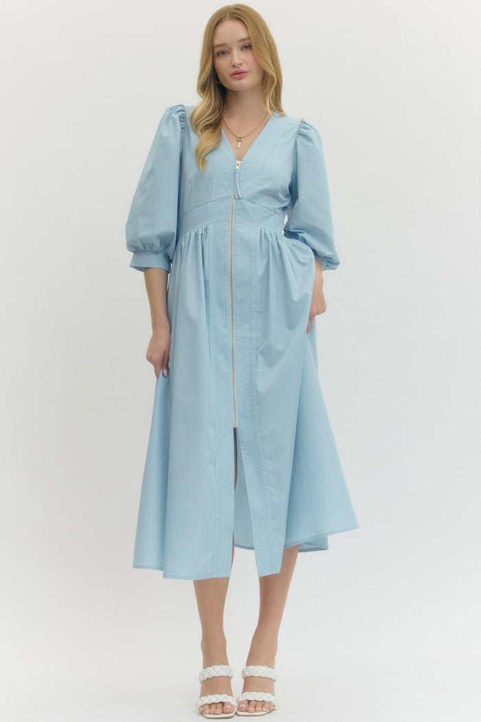 Solid ¾ sleeve midi dress featuring smocked waistband.