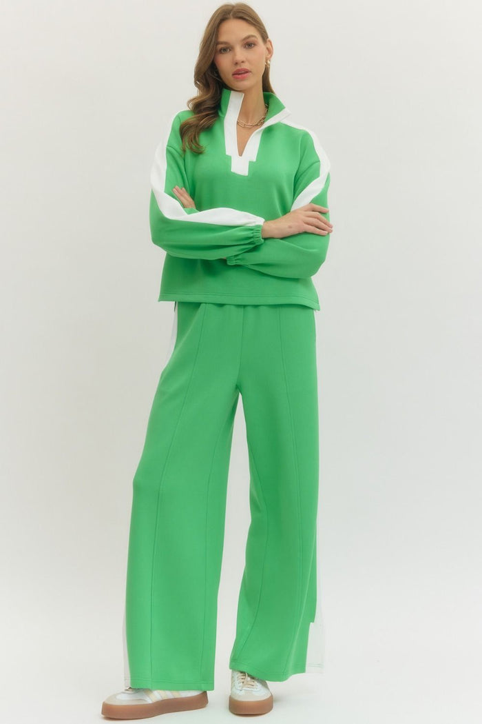 Solid long sleeve knit top featuring contrast collar and contrast stripe detail Pants Set