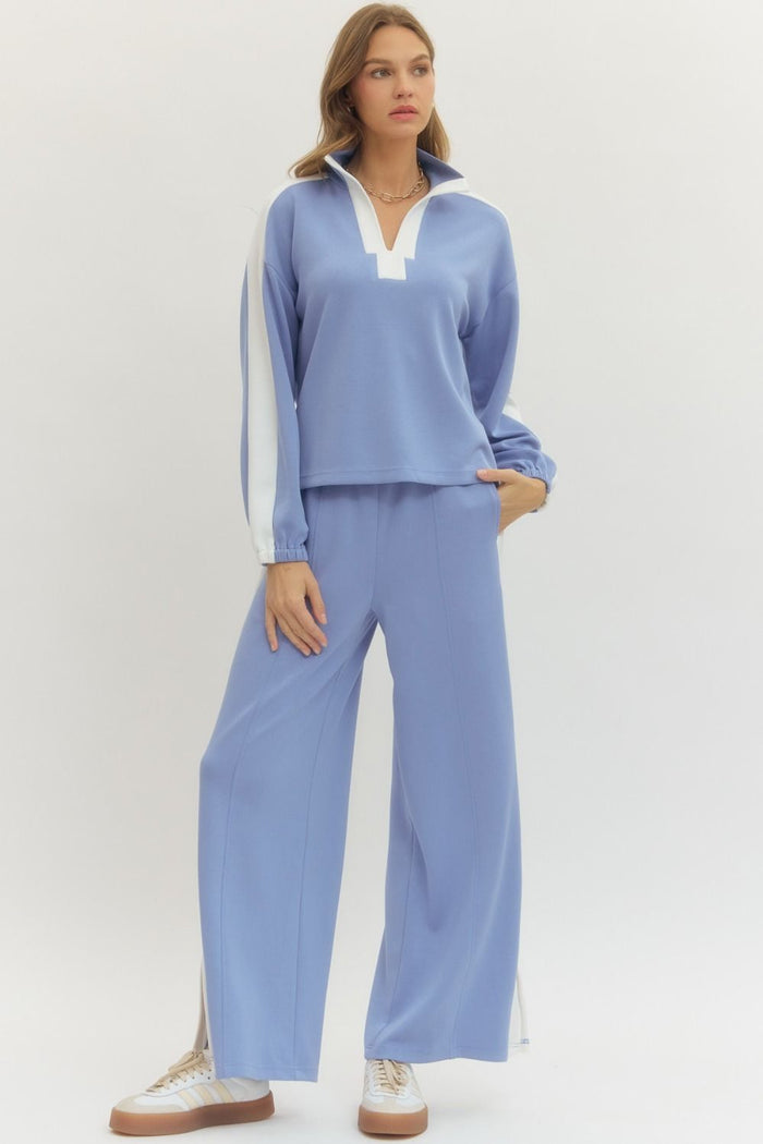 Solid long sleeve knit top featuring contrast collar and contrast stripe detail Pants Set