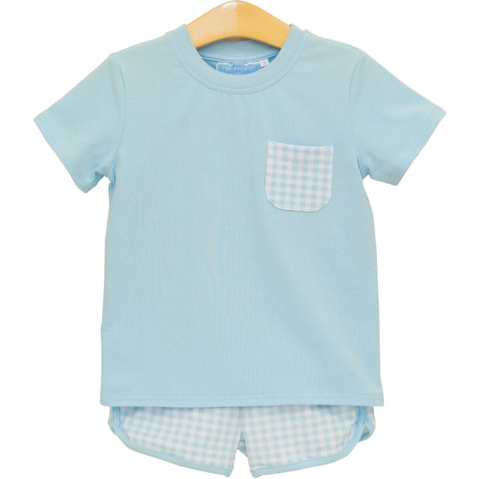Trotter Street Madden Short Set- Light Blue Gingham