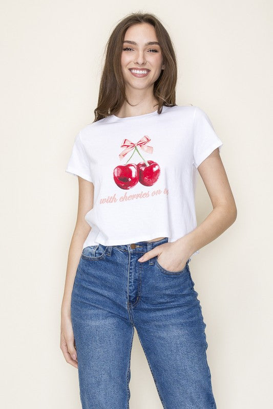 WITH CHERRIES ON TOP" CROP GRAPHIC TEE