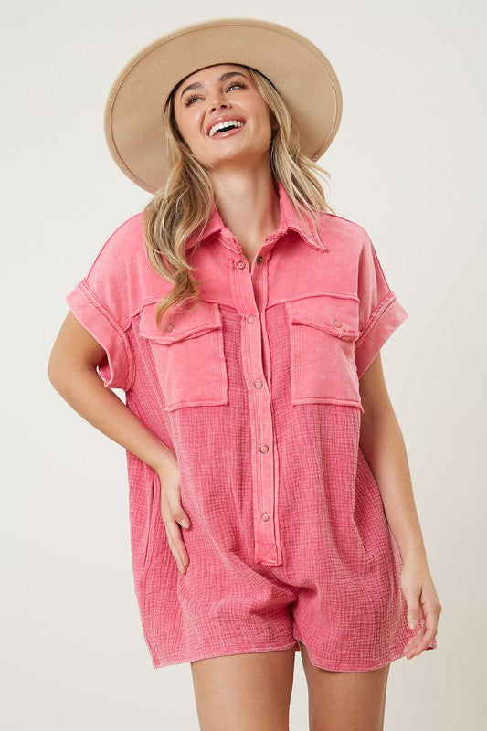 Contrast Terry Button Down Romper