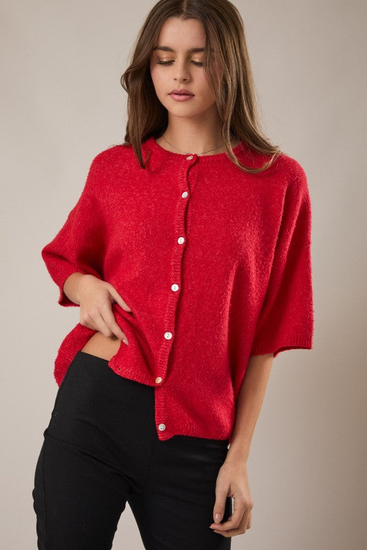 Short Sleeve Crew Neck Sweater Cardigan
