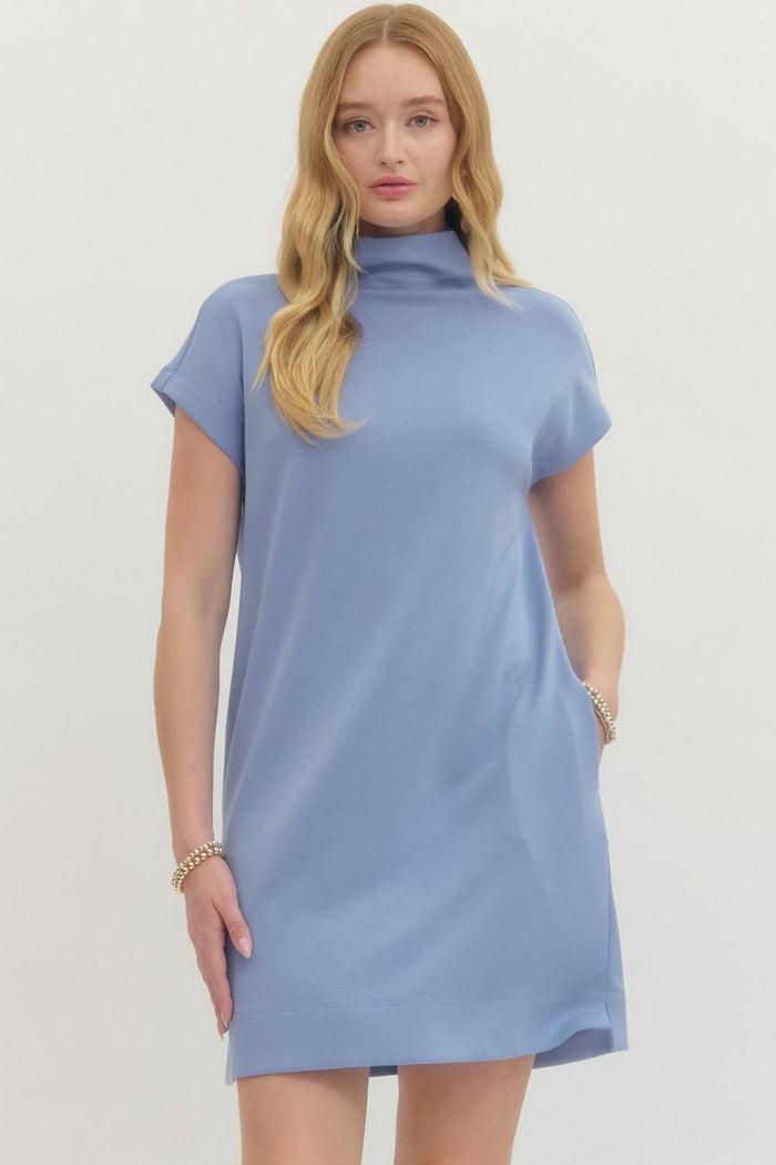 Solid jersey mock neck pullover mini dress