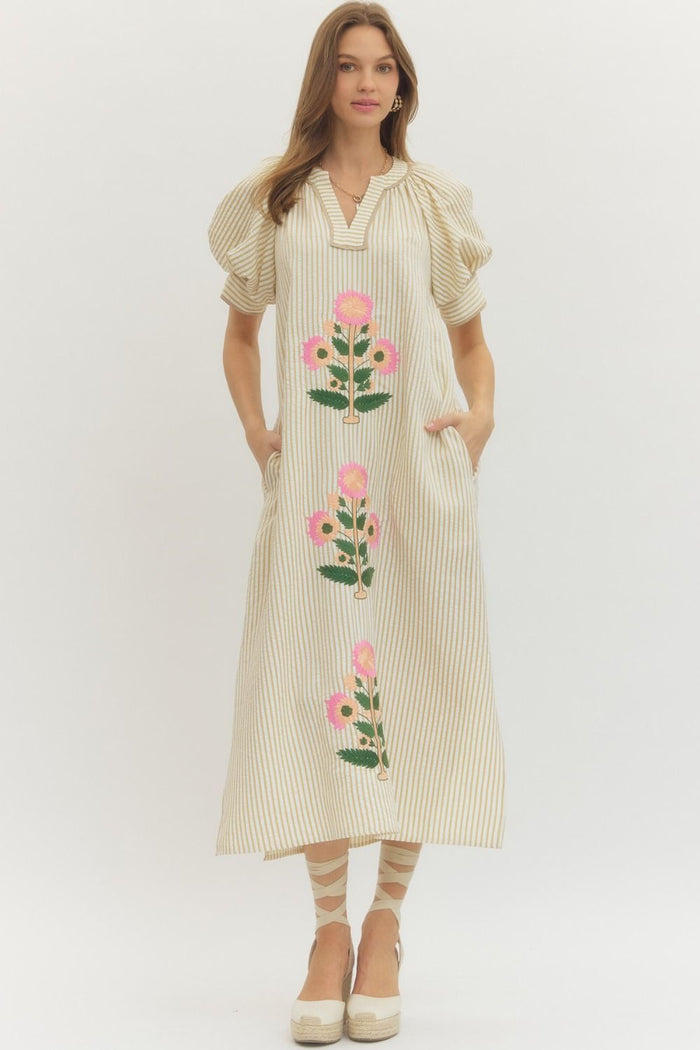 Stripe short sleeve midi dress featuring floral embroidery at front