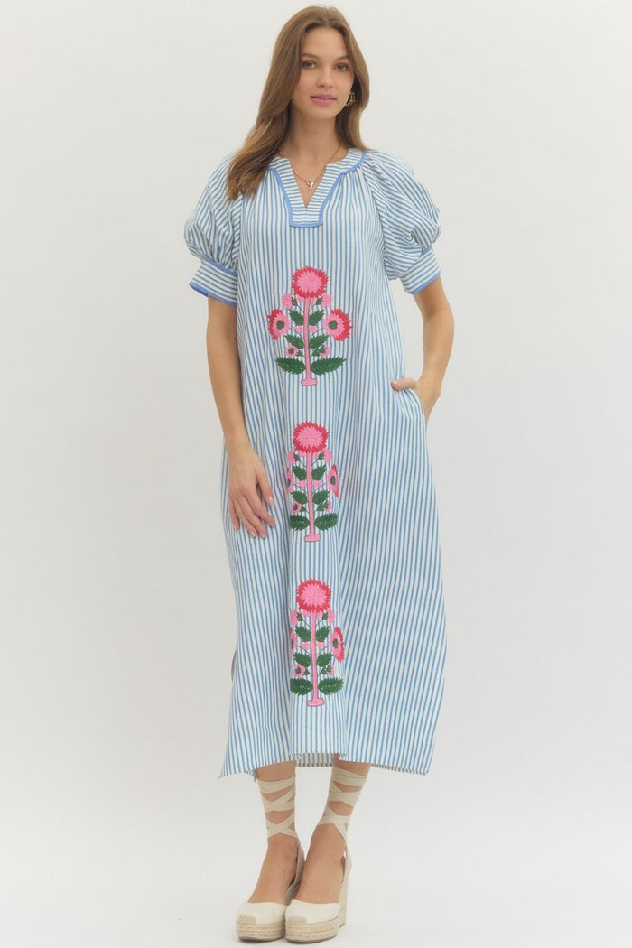Stripe short sleeve midi dress featuring floral embroidery at front