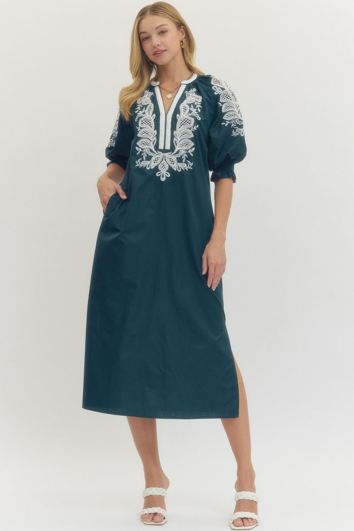 Embroidered V-neck half sleeve midi dress