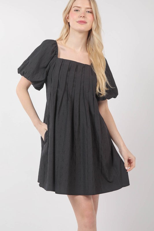 Puff Sleeve Pleated Spring Mini Dress