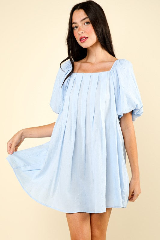 Puff Sleeve Pleated Spring Mini Dress