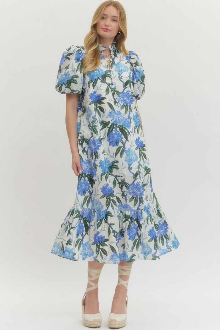 Floral print ruffled neck short puff sleeve midi dress