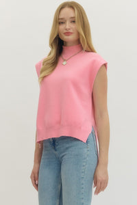 Solid mock neck muscle tee sweater knit hi-lo pullover.