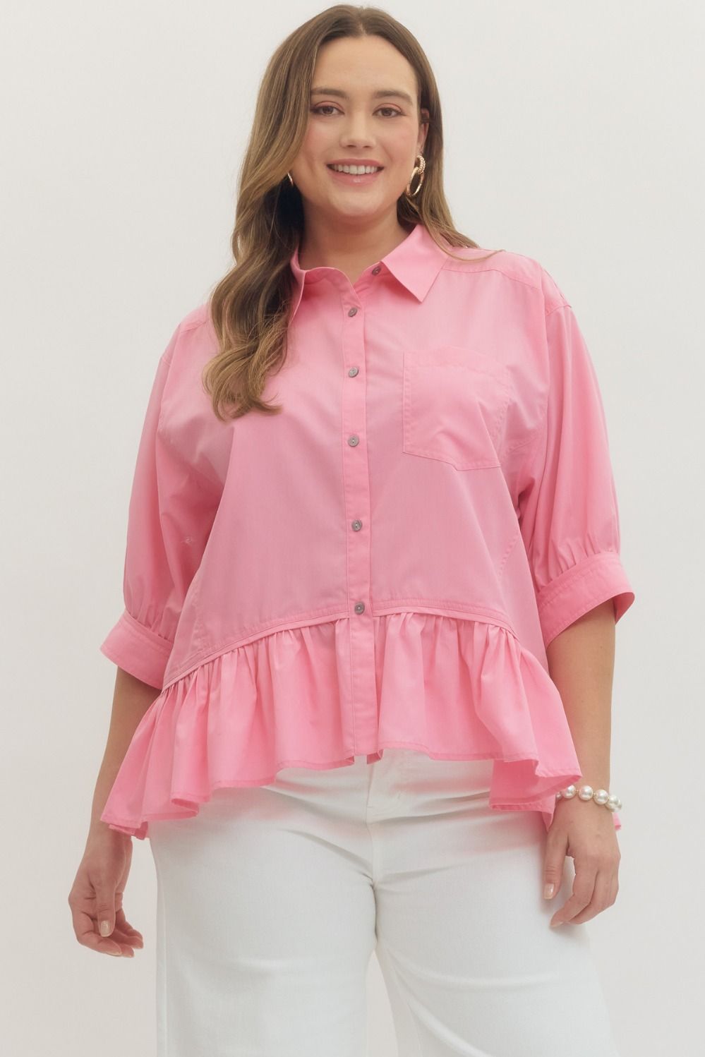 Plus Solid 3/4 sleeve button-down top featuring ruffle hem detail