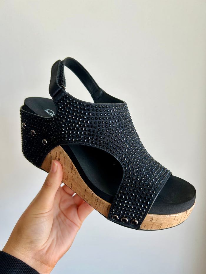 CORKYS CARLEY BLACK CRYSTAL WEDGE SANDAL