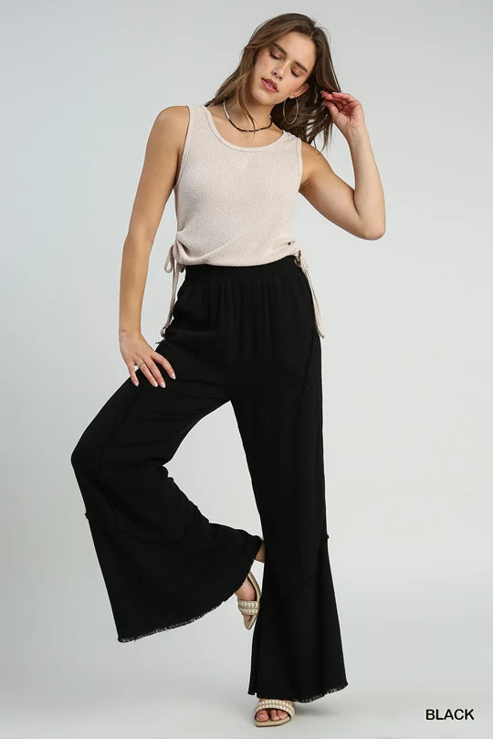 Linen Elastic Wide Leg Pants with Fray Details, & Side Pockets