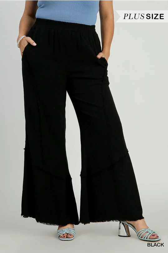 Linen Elastic Wide Leg Pants with Fray Details, & Side Pockets