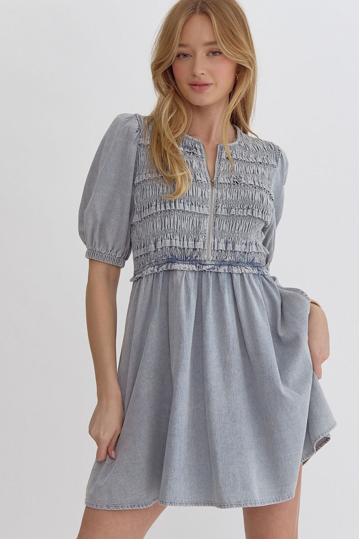 Denim round neck puff sleeve mini dress