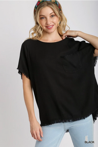 Linen Blend Round Neck Short Sleeve Top with Chest Pocket