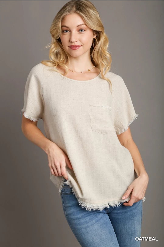 Linen Blend Round Neck Short Sleeve Top with Chest Pocket