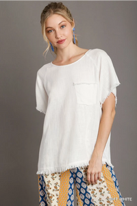 Linen Blend Round Neck Short Sleeve Top with Chest Pocket