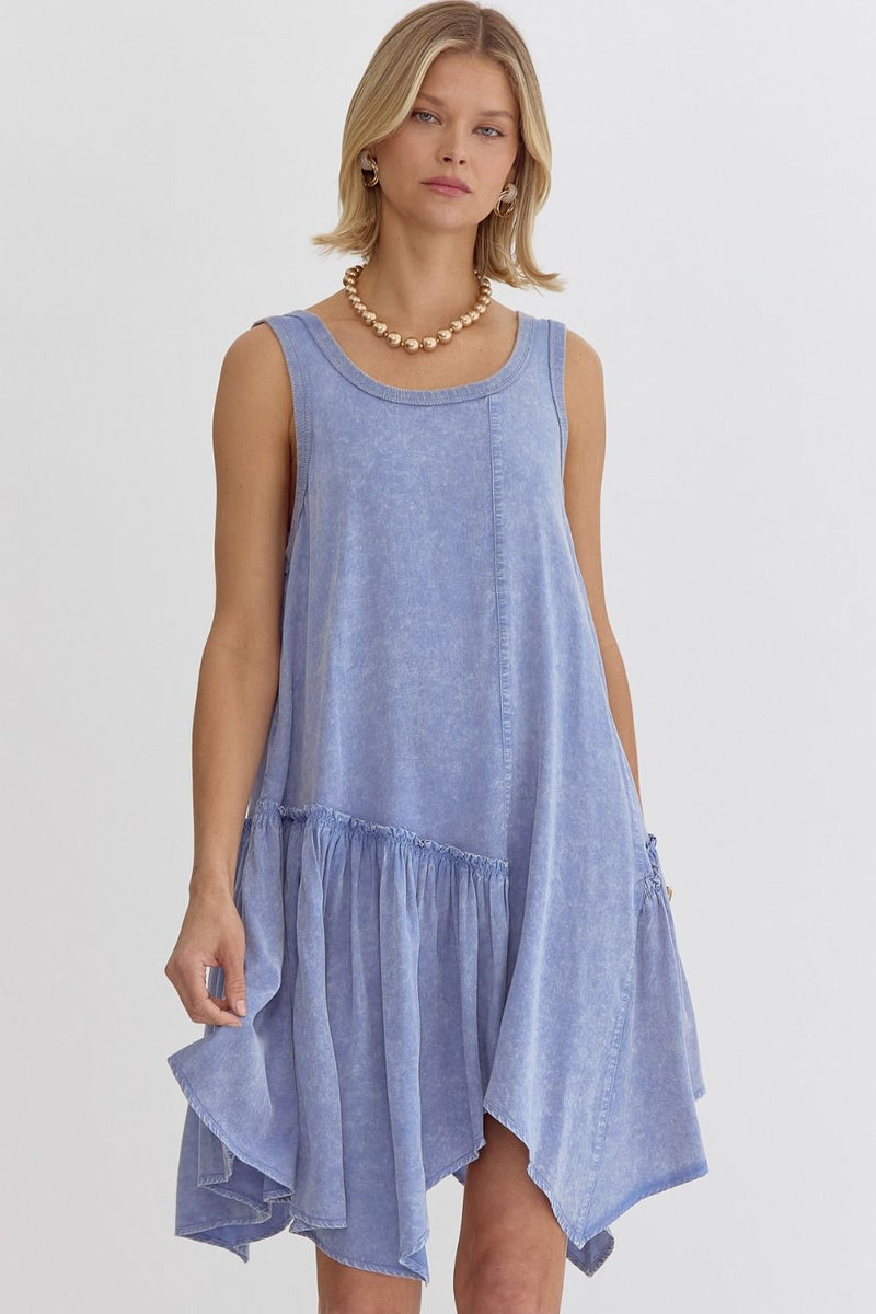 Acid wash sleeveless mini dress featuring asymmetrical hem