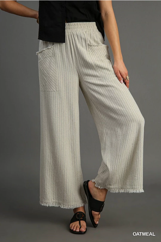 Linen Regular Washed Striped Wide Leg Pants