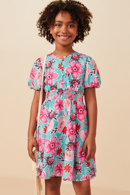 Girls Floral Print Smocked Waist Detail Dress