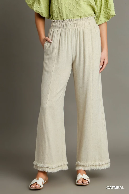 Linen Elastic Waistband Wide Leg Pants with Fray & Side Pocket Details