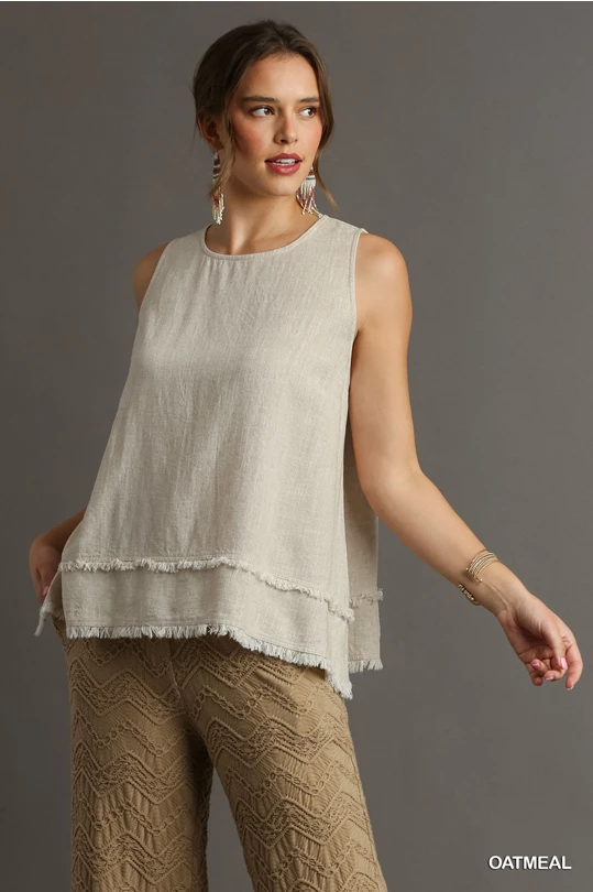 Linen Blend Round Neck Sleeveless Fray Hem Top