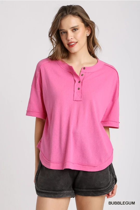 Cotton Gauze Round Neck High Low Mid Button Top