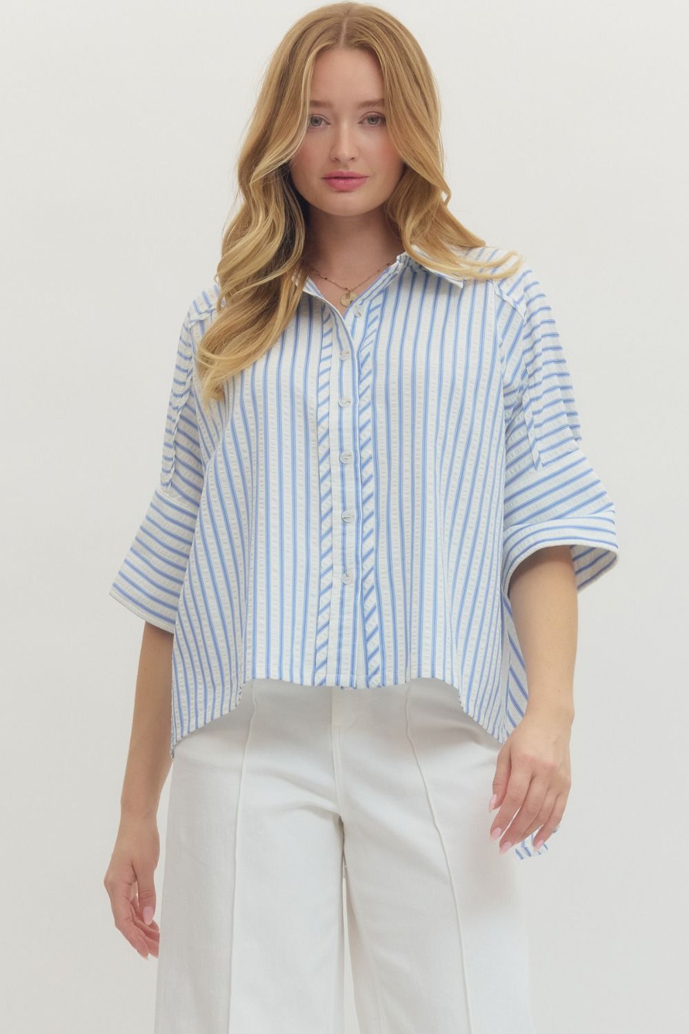Striped collared 3/4 sleeve button-down top