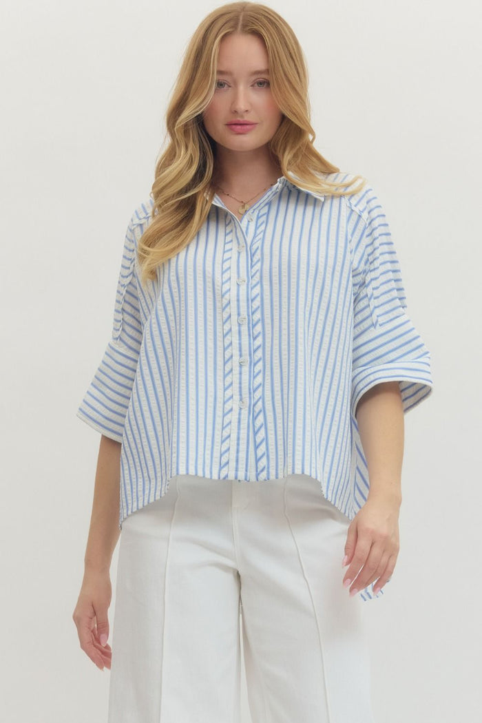 Striped collared 3/4 sleeve button-down top