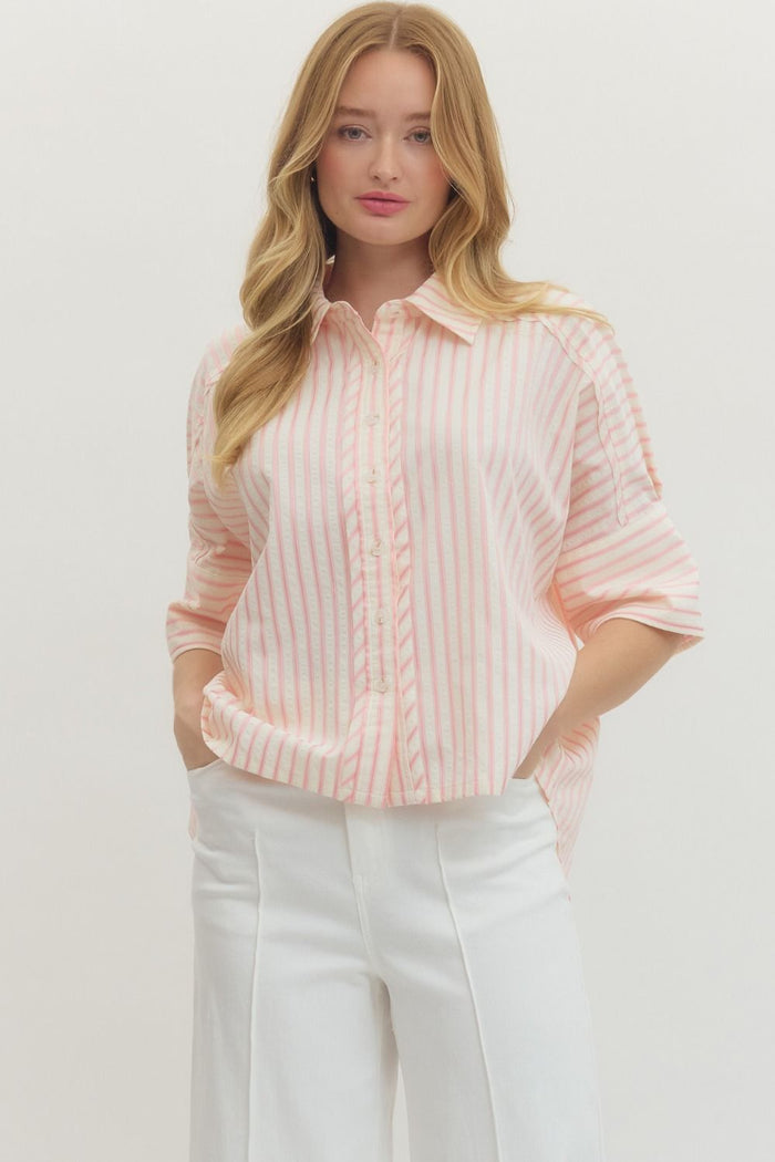 Striped collared 3/4 sleeve button-down top