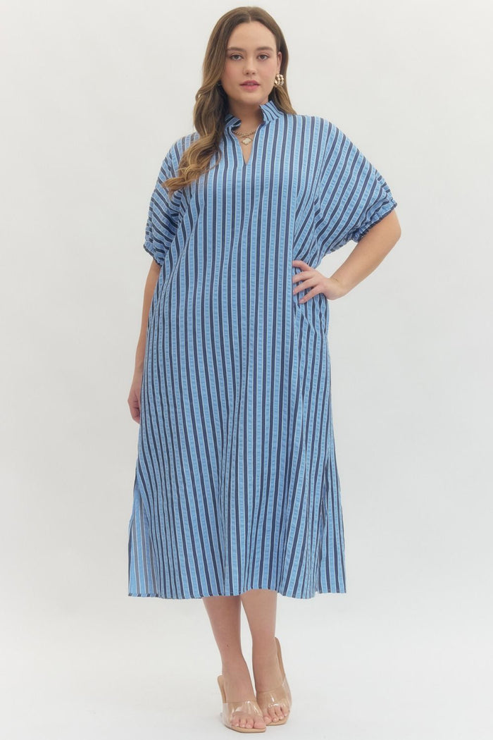Striped short sleeve midi dress featuring collared V-neck