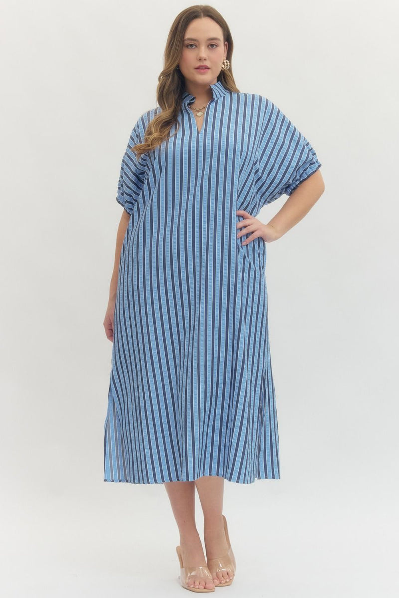 Striped short sleeve midi dress featuring collared V-neck