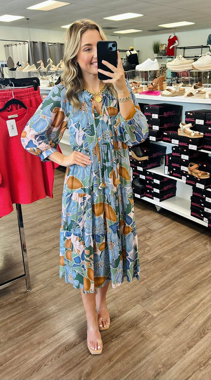 Retro Floral Tiered Midi Dress