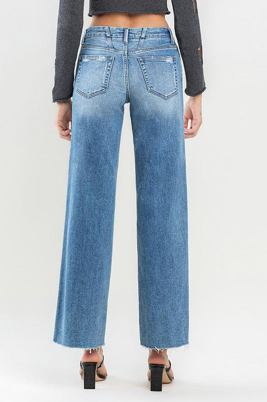 VERVET MID RISE RAW HEM WIDE LEG JEANS