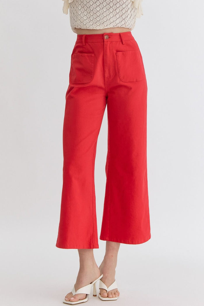 High waisted wide leg pants featuring pockets at front.