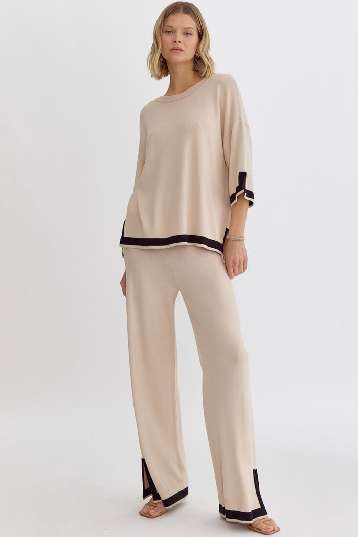 Solid round neck 3/4 sleeve Set featuring slit detail at cuff and hem