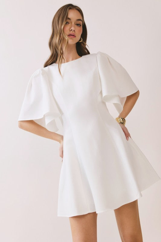 Solid Structured Flutter Sleeve A Line Mini Dress