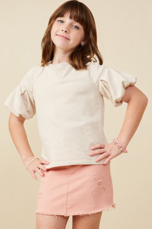 Girls Box Pleat Puff Sleeve French Terry Top